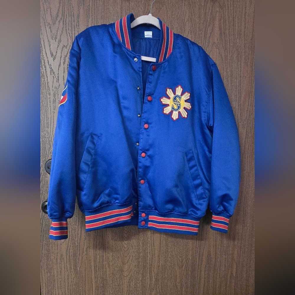 Mariners Blue Satin Varsity Jacket with Embroidered